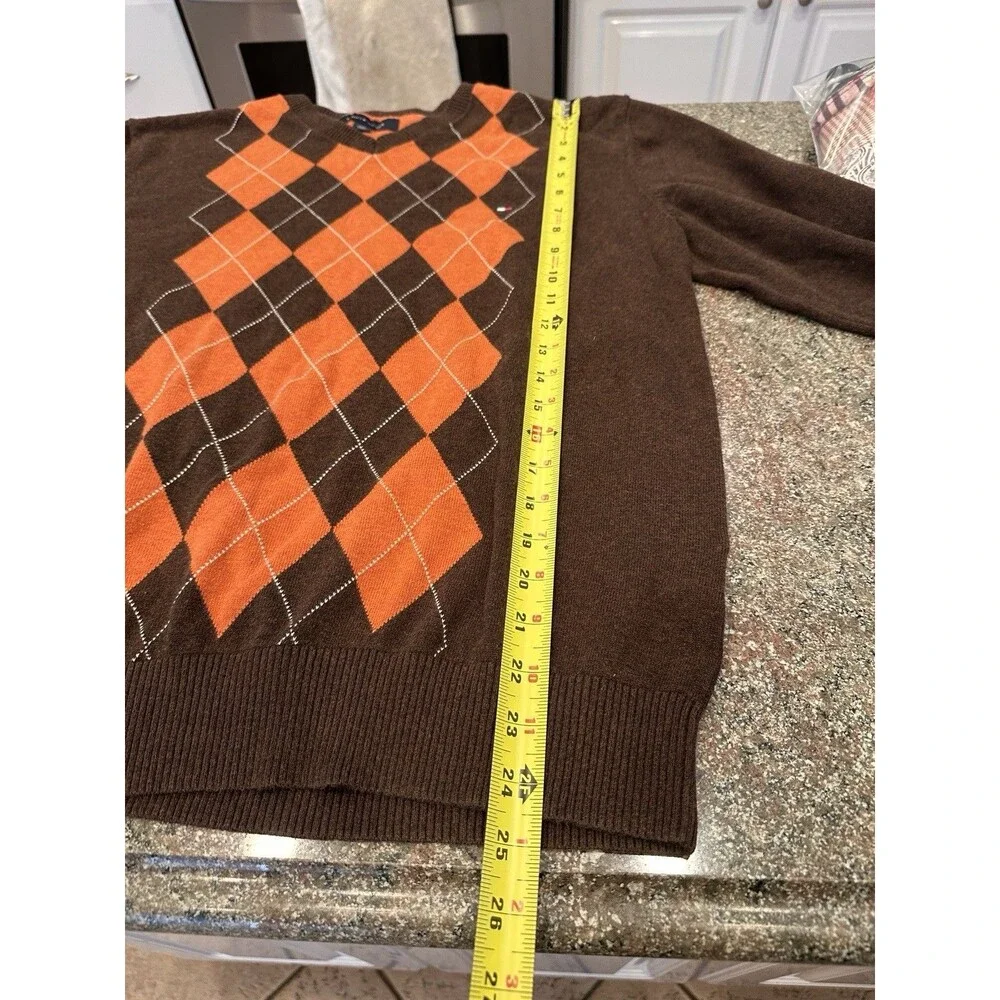 Vintage TOMMY HILFIGER MEN'S‎ PULLOVER Sweater Brown Orange Long Sleeve V-NECK